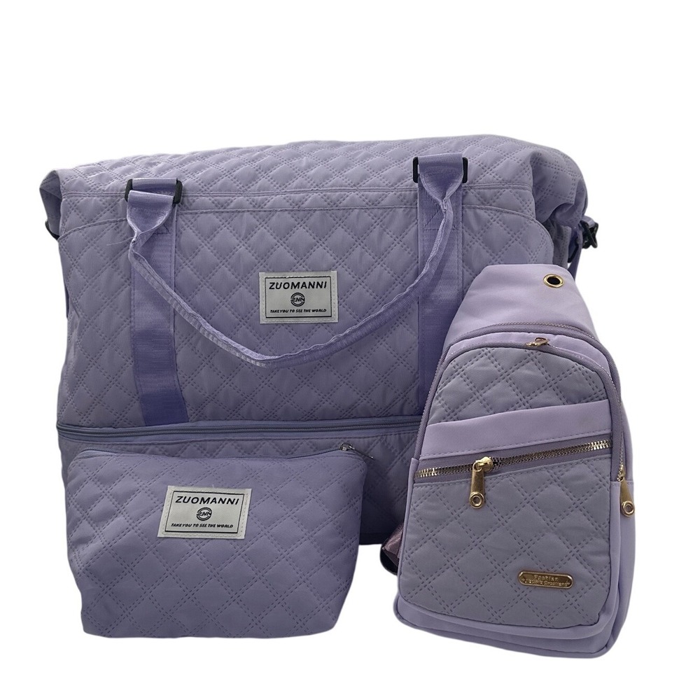 ZUOMANNI 3pc Quilted Lavender Travel Set Duffel Cosmetic Pouch Sling‎ Bag Purple